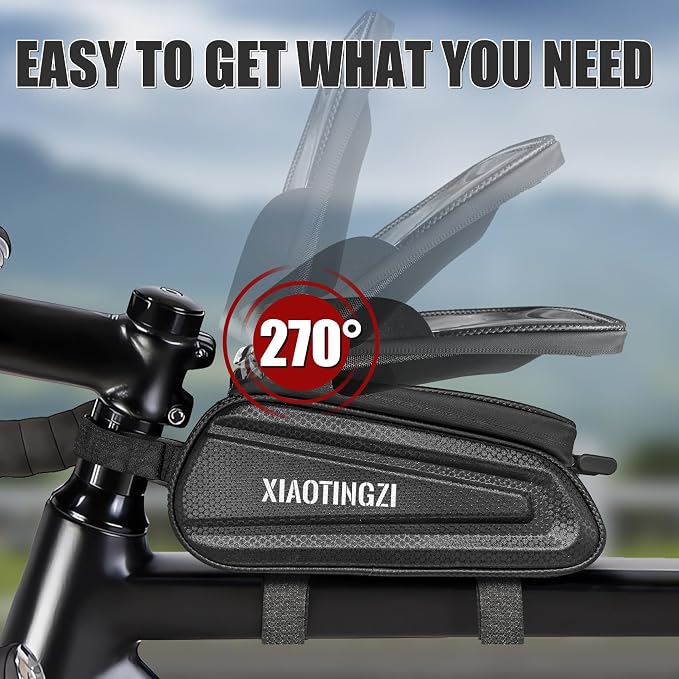 Hard Shell Bike Phone Bag, 1.5L Waterproof Bicycle Front Frame Bag, PU+EVA Material with Zippered Pocket, Universal Adjustable Rack Mount for Cycling