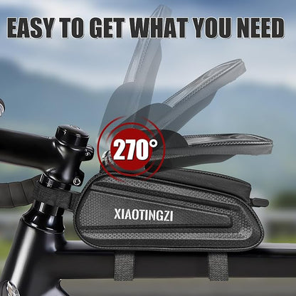 Hard Shell Bike Phone Bag, 1.5L Waterproof Bicycle Front Frame Bag, PU+EVA Material with Zippered Pocket, Universal Adjustable Rack Mount for Cycling