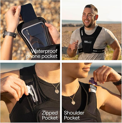 Running Vest with Phone Holder & Waterproof Pouch – Adjustable Belt Fits 28"–44" Chest – Reflective Gear with 2 Shoulder Pockets for Keys, Gels, Phones up to 6.8” (Unisex Adult)