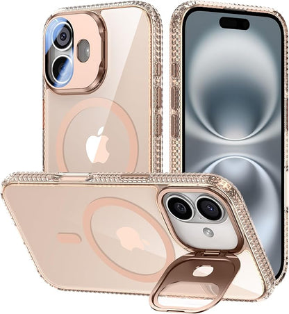 [Upgraded] for iPhone 16 Case with Camera Cover Stand [Fit for MagSafe][9H Camera Lens Protector] Mil-Grade Protection Transparent Magnetic iPhone 16 Phone Case, Clear Gold
