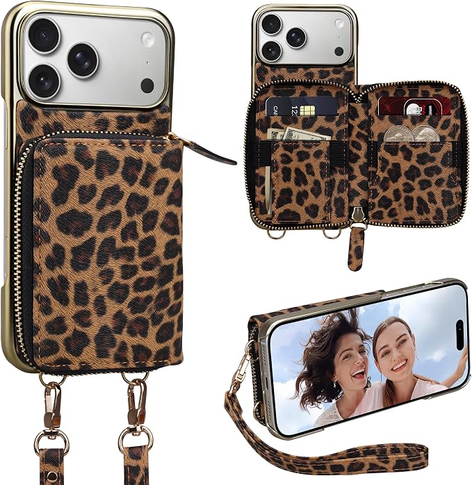 Keallce Wallet Case for iPhone 17 Pro Max 6.9", Crossbody Zipper Purse with Wristlet Strap, 4 Card Slots with RFID Blocking and Kickstand, Electroplated Leather Case for Women (Brown Leopard Print)