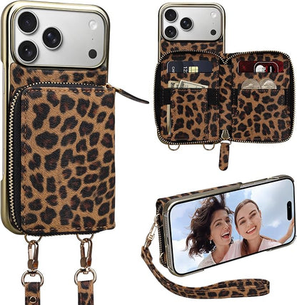 Keallce Wallet Case for iPhone 17 Pro Max 6.9", Crossbody Zipper Purse with Wristlet Strap, 4 Card Slots with RFID Blocking and Kickstand, Electroplated Leather Case for Women (Brown Leopard Print)