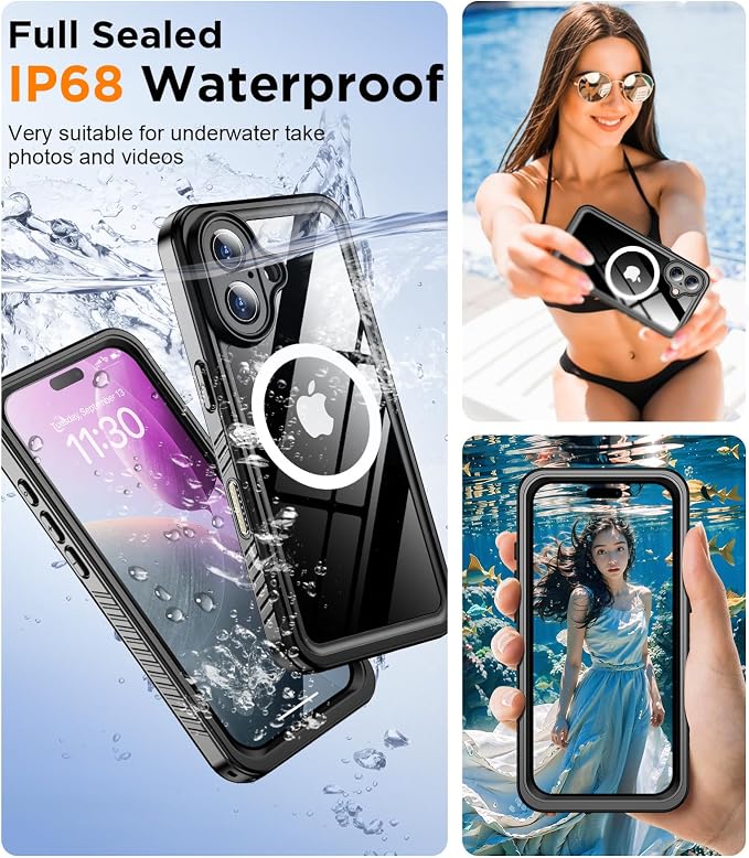 Temdan Magnetic for iPhone 16 Plus Case Waterproof,Built-in Screen Protector[IP68 Underwater][Upgrade Military Dropproof][Compatible with MagSafe] Full Body Shockproof Case 6.7''-Black