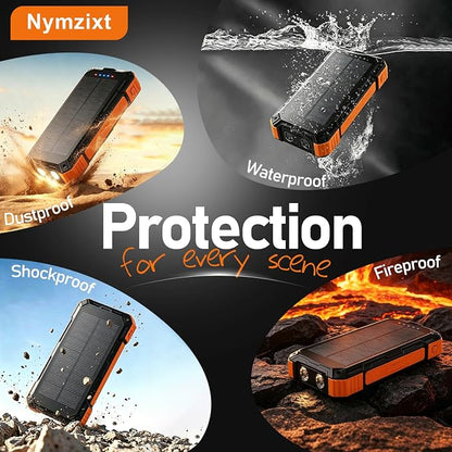 Solar Power Bank 49800mAh Portable Wireless Charger with USB-C 22.5W Fast Charging Built in 4 Cables Compatible with iPhone, iPad, Bright LED Flashlight Perfect for Camping