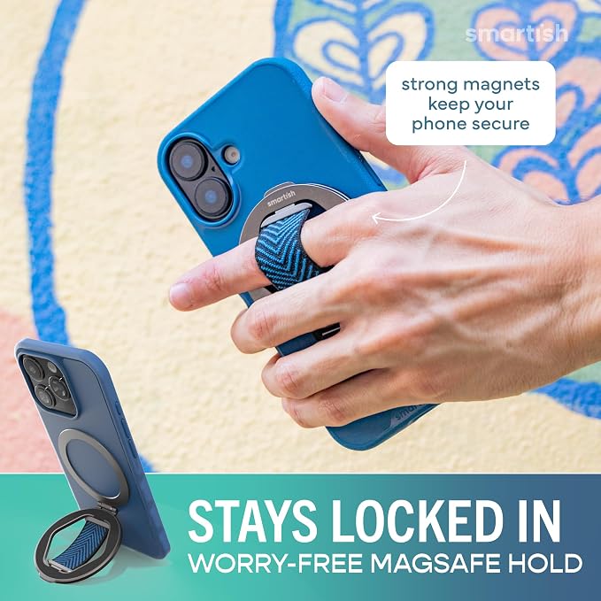 Smartish® MagSafe Grip Kickstand - Quickstand - Magnetic Cell Phone Finger Loop Grip - [Dual-Sided Magnets] Ring Holder Mount w/MagSafe Adapter Kit for Apple iPhone Accessories - Blues on The Green