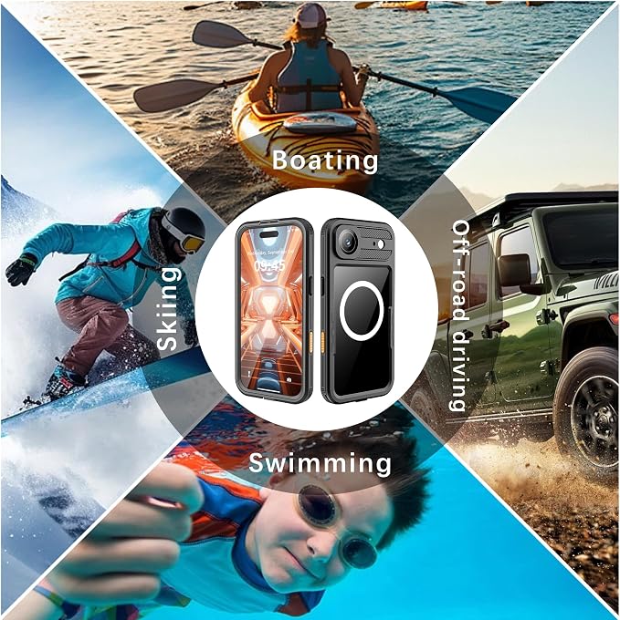 GOLDJU Magnetic for iPhone Air Case-Waterproof, Built-in Screen & Camera Protector-IP68 Underwater Full Body 16FT Military Dropproof Shockproof Case for iPhone 17 Air 6.5''- Black