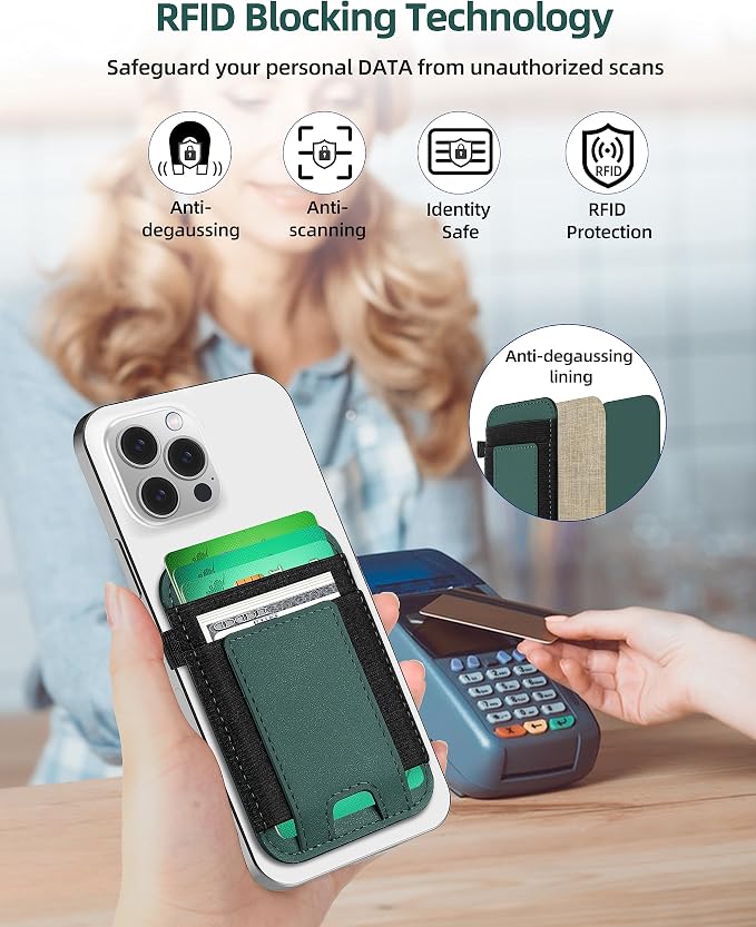 For Magsafe Wallet, Strongest Magnetic Wallet for iPhone 17/16/15/14/13/12 Series, for Magsafe Card Holder with 2 Card Slots, Magnetic Card Holder, RFID Blocking, Vegan Leather, Hold 7 Cards, Green