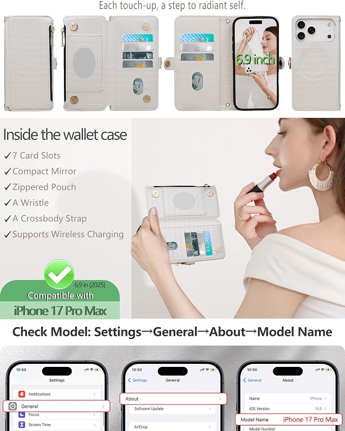 Crossbody Wallet Case for iPhone 17 Pro Max with Mirror, Wrist Strap, Zipper Purse Magnetic Flip, RFID Blocking Card Holder, Wireless Charging, PU Leather Shockproof 6.9" Women (White)