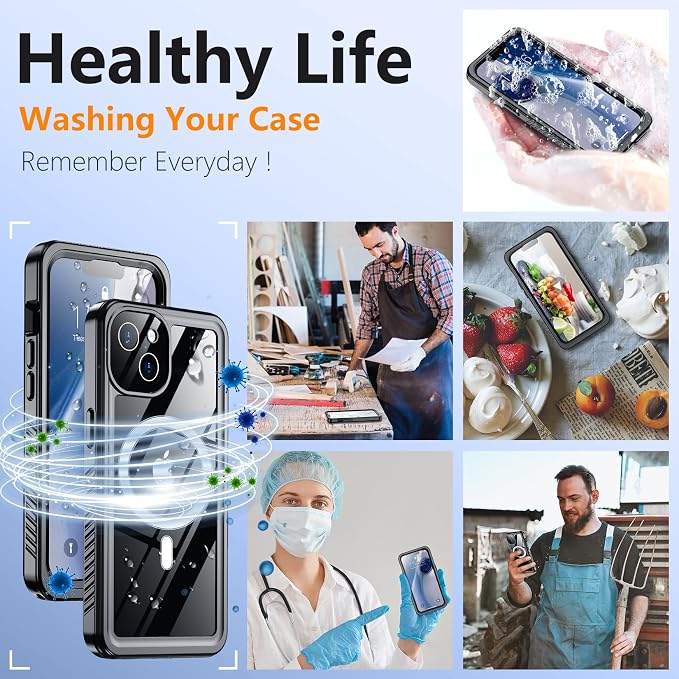 Temdan Magnetic for iPhone 13 Case Waterproof, Built-in Screen Protector[IP68 Underwater][Compatible with MagSafe][Full Body Shockproof][Military Dropproof] Protective Case for iPhone 13-Black/Clear