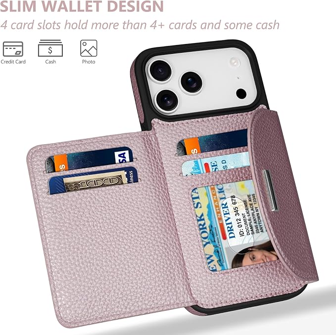 Keallce Wallet Case for iPhone 17 Pro Max 6.9'', Flip Case with RFID Blocking Card Holder Slots Kickstand, PU Leather Protective Folio Cover for Women, Rosegold