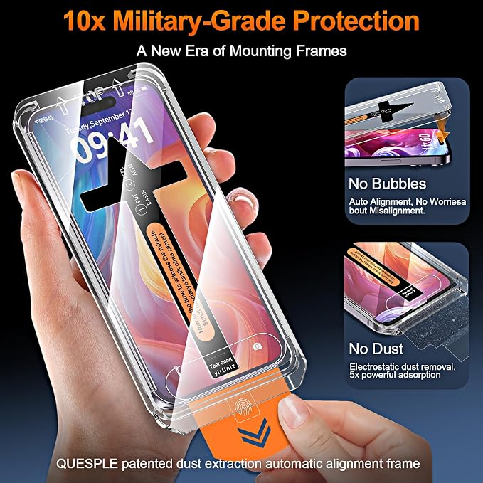 3 Pack Screen Protector for iPhone 14 Pro 6.1 Inch, Auto Dust Removal, 9H Hardness, Anti-Fingerprint, HD Clear Tempered Glas with Auto Alignment Kit