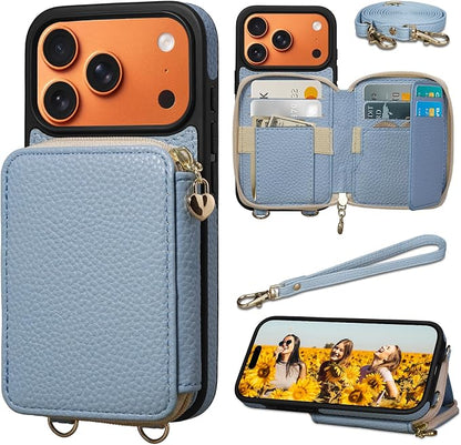 Keallce Case for iPhone 17 Pro 6.3'' Case Wallet, Crossbody Zipper Purse with RFID Blocking Card Slots Kickstand, Lanyard & Handstrap Flip Folio Leather Phone Cover for iPhone 17 Pro, Blue