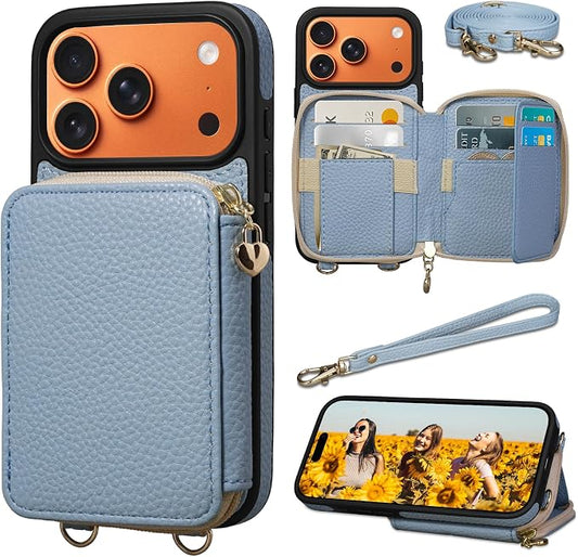 Keallce Case for iPhone 17 Pro 6.3'' Case Wallet, Crossbody Zipper Purse with RFID Blocking Card Slots Kickstand, Lanyard & Handstrap Flip Folio Leather Phone Cover for iPhone 17 Pro, Blue