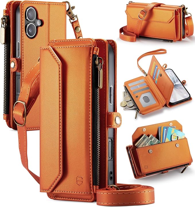 Strapurs Wallet Case Compatible with iPhone 17 6.3" RFID Blocking 9-Card Holder Soft PU Leather Magnetic Snap Shoulder Strap Zipper Pocket Phone Case Fit for iPhone 17 for Women - Orange