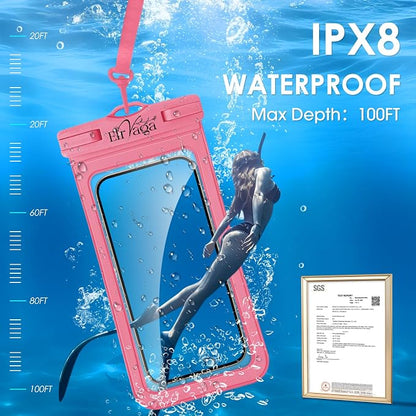 2 Pack IPX8 Waterproof Phone Pouch for iPhone 16/15/14/13 Pro Max Plus (7.2 Inch) - Swimming, Diving, Snorkeling, Snowproof - Touchscreen Friendly Underwater Photography Dry Bag (Pink&Pink)