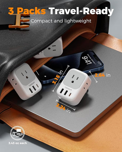 TESSAN European Travel Plug Adapter USB C 3 Pack, PD 20W US to Europe Plug Adapter with 4 AC Outlets 3 USB Ports, Type C Power Adaptor for USA to EU Euro Spain France Iceland Italy Germany Greece