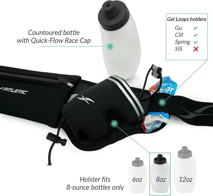 Fitletic Hydration Running Belt with Water Bottles for Men & Women – 2 Quick Flow 8oz Running Water Bottles, Patented Bounce Free Design, Water Resistant Pouch Fits All Phones – Hydra 16