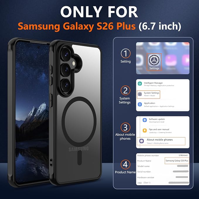 For Samsung Galaxy S26 Plus Phone Case:S26 Plus Case [Compatible with Magsafe] with 2PC HD Screen Protector,Camera Bump Protection,Slim Frosted Translucent Soft-Touch for Galaxy S26 Plus,Matte black