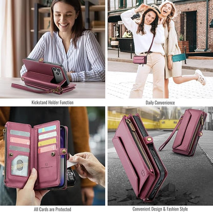 Strapurs Wallet Case Compatible with iPhone 17 Pro Max 6.9" RFID Blocking 10-Card Holder Soft PU Leather Magnetic Snap Shoulder Strap Zipper Pocket Phone Case Fit for iPhone 17 Pro Max - Wine Red