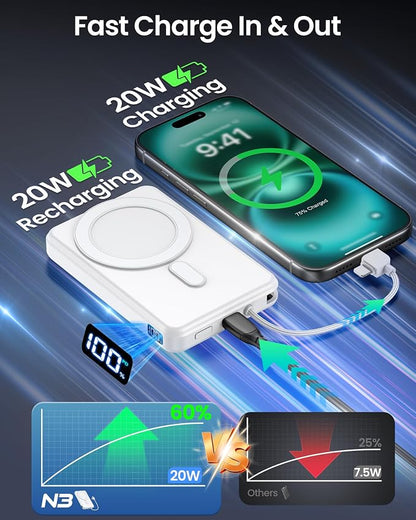 golioklsy Portable Charger Power Bank, 10000mAh Phone Charger with Built-in Cable, 20W PD Fast Charging, Slim Battery Pack with LED Display, Travel Essential for iPhone 17/16/15/14 All Series, White