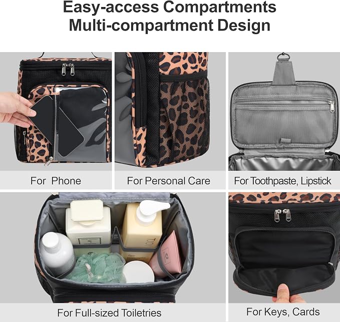 F-color Shower Caddy Portable for College Dorm Essentials - Large Hanging Sturdy Handle Toiletry Tote Bag with Hook, Multiple Pockets, Quick Dry Organizer for Camping, Travel, Gym, Leopard