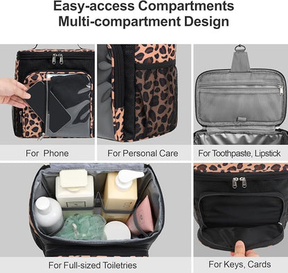 F-color Shower Caddy Portable for College Dorm Essentials - Large Hanging Sturdy Handle Toiletry Tote Bag with Hook, Multiple Pockets, Quick Dry Organizer for Camping, Travel, Gym, Leopard