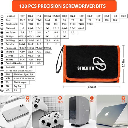 STREBITO Precision Screwdriver Set 142-Piece Electronic Repair Tool Kit with Torx T5 T6 T8 T15, Triwing Y000, Star P5, Gamebit, Tech Toolkit for Computer, Laptop, iPhone, Nintendo, PS5, Ring, Orange