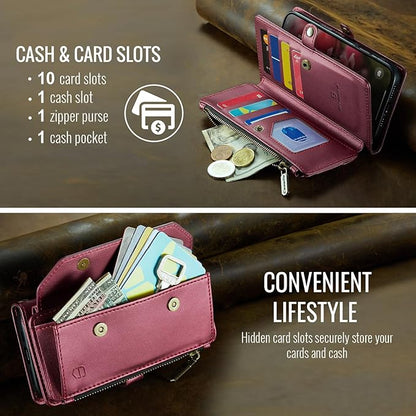 Strapurs Wallet Case Compatible with iPhone 16 Plus 6.7" RFID Blocking 10-Card Holder Soft PU Leather Magnetic Snap Shoulder Strap Zipper Pocket Phone Case Fit for iPhone 16 Plus - Wine Red