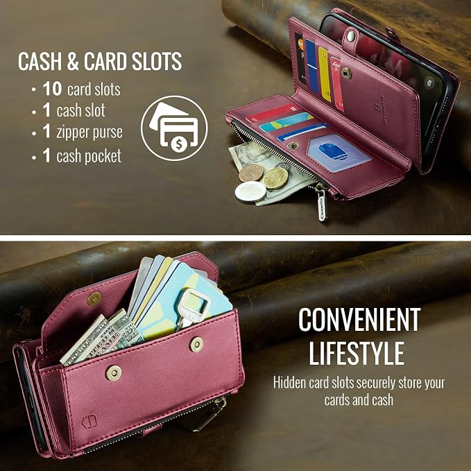 Strapurs Wallet Case Compatible with iPhone 16 Pro Max 6.9" RFID Blocking 10-Card Holder Soft PU Leather Magnetic Snap Shoulder Strap Zipper Pocket Phone Case Fit for iPhone 16 Pro Max - Wine Red