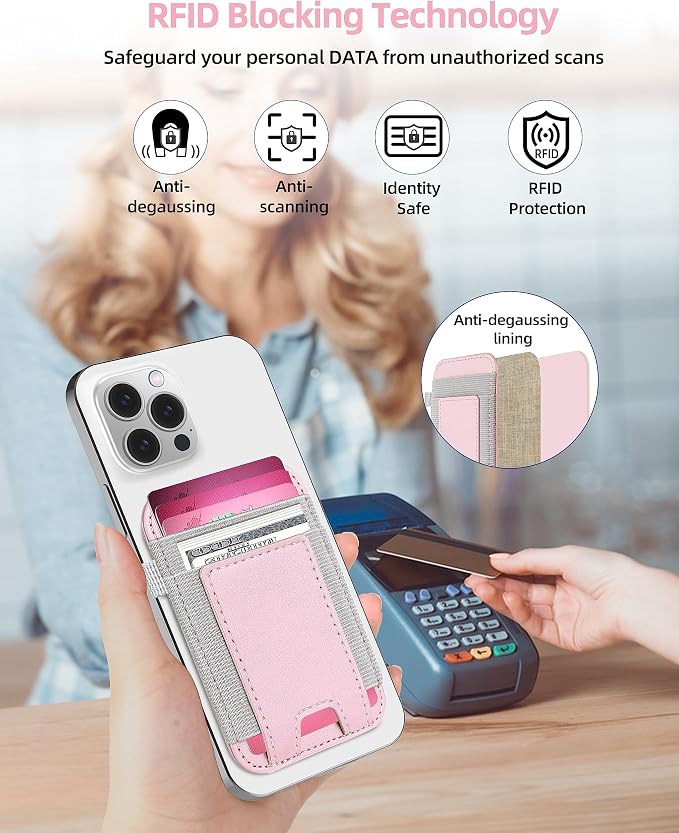 For Magsafe Wallet, Strongest Magnetic Wallet for iPhone 17/16/15/14/13/12 Series, for Magsafe Card Holder with 2 Card Slots, Magnetic Card Holder, RFID Blocking, Vegan Leather, Fit 7 Cards, Pink