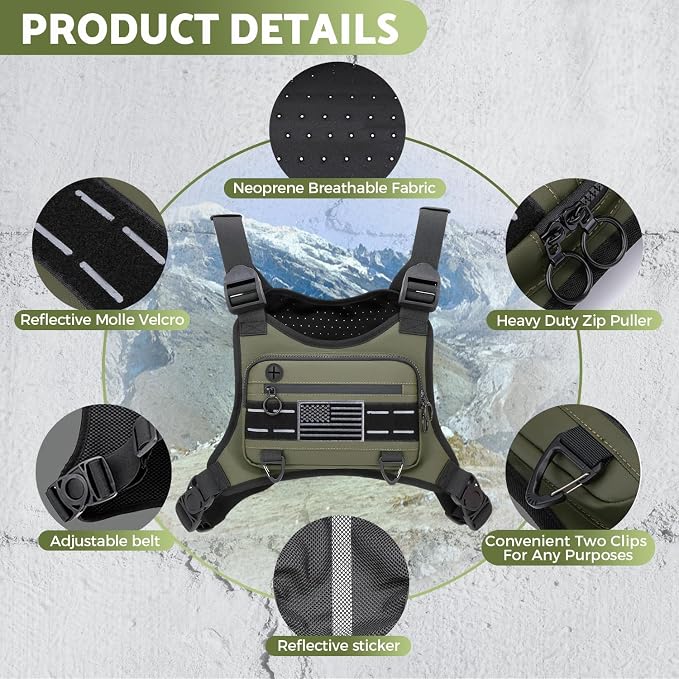 Muserise Sports Chest Bag For Men Women, Water Resistant Lightweight Front Chest Pack, Running Vest Bag With Built-In Phone Holder & Extra Storage For Workouts, Running, Cycling (Olive)