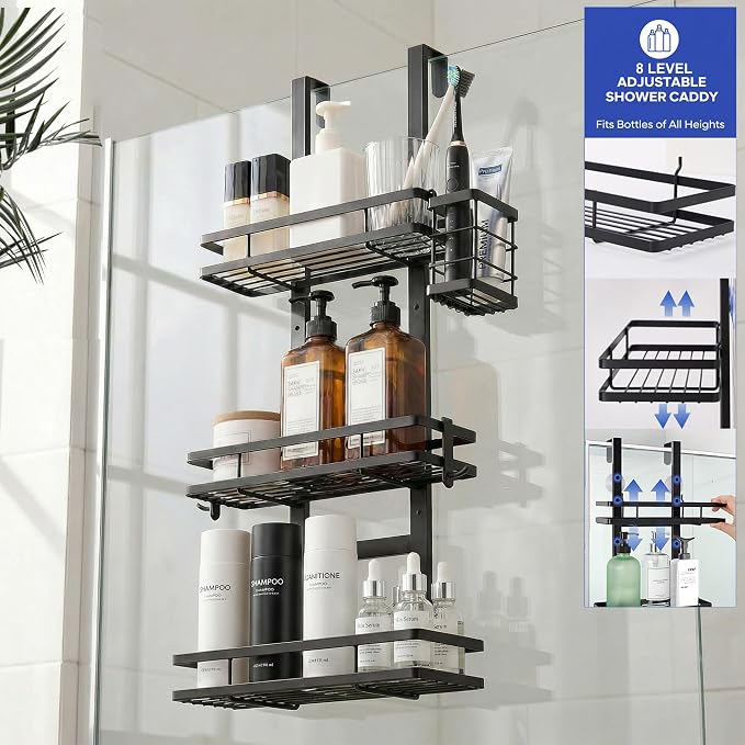 Over the Door Shower Caddy Hanging, Rustproof Shower Shelves with Waterproof Phone Pouch, 3-Tier Adjustable Bathroom Organizers and Storage, No Drilling Shower Shelf, Black Shampoo Soap Holder