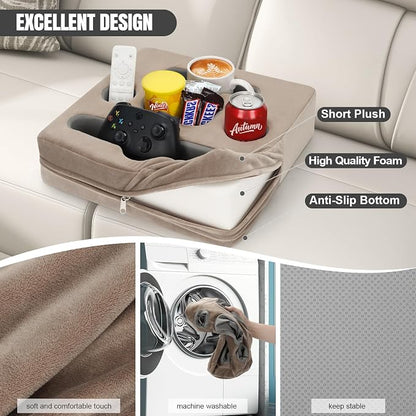 STBoo Couch Cup Holder Pillow Tray - Sofa Drink Cup Holder Cozy Buddy | Bed Caddy Organizer for Remote, Snacks Beverage, Phones, Tablet | Use it on Car, Pack, Beach, RV, Boat, Bedroom (Light Brown)