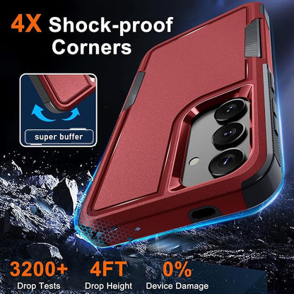 RMOCR Case for Samsung Galaxy S25, Full Body Heavy Duty Rugged Shockproof Protective Phone Cover with Lanyard Strap, Tempered Glass Screen Protector and Camera Lens Cover, Red