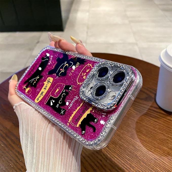 for iPhone 16 pro max Case Glitter Camera Lens Protector Phone Case for Women Girls Aesthetic Design TPU Shockproof Protective Case (Cat)