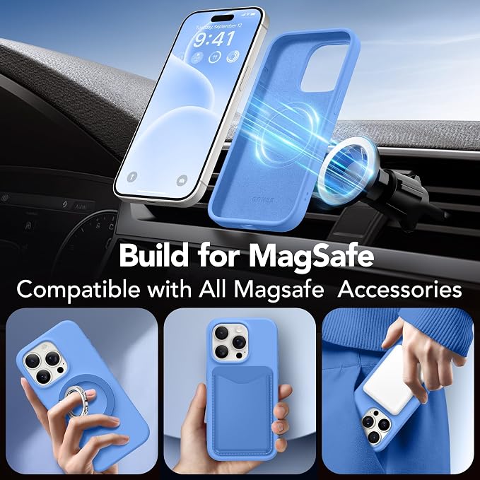 GONEZ for iPhone 15 Pro Max Case Silicone, Compatible with Magsafe, Camera Protector + Screen Protector, Soft Anti-Scratch Microfiber Lining, Liquid Silicone Shockproof Phone Cover, Sky Blue