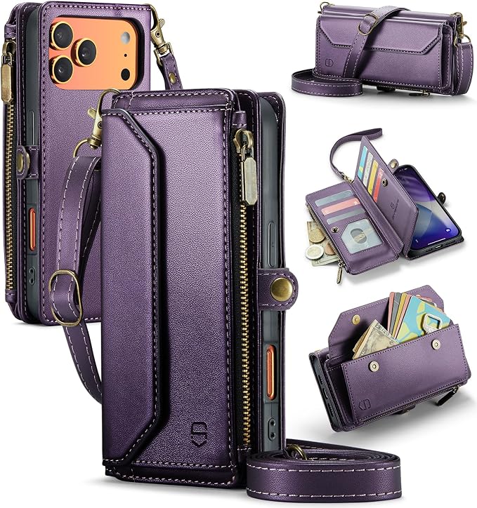 Strapurs Wallet Case Compatible with iPhone 17 Pro Max 6.9" RFID Blocking 10-Card Holder Soft PU Leather Magnetic Snap Shoulder Strap Zipper Pocket Phone Case Fit for iPhone 17 Pro Max - Purple