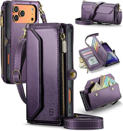 Strapurs Wallet Case Compatible with iPhone 17 Pro Max 6.9" RFID Blocking 10-Card Holder Soft PU Leather Magnetic Snap Shoulder Strap Zipper Pocket Phone Case Fit for iPhone 17 Pro Max - Purple