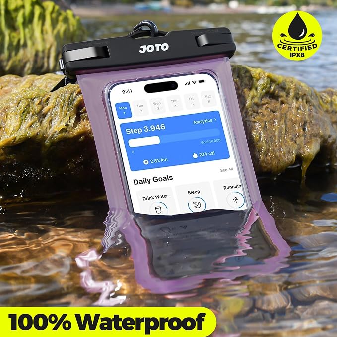 JOTO Up to 7" Universal Waterproof Phone Case for iPhone 16 15 14 13 Plus Pro Max, IPX8 Cellphone Dry Bag 12 11 Pro Max XR X 8 7 6S Plus SE, Galaxy S23 S22 S21 S20+ S20 Plus Note, Pixel -Clearpurple