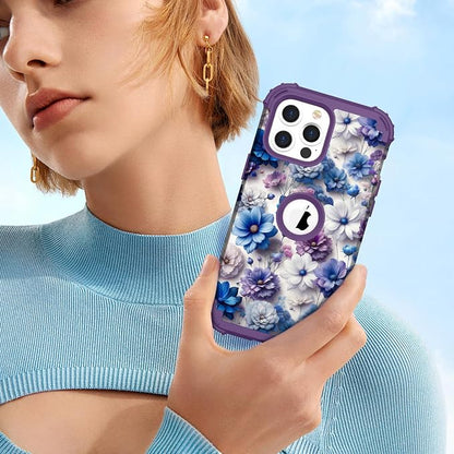 Hocase for iPhone 13 Pro Max Case, Heavy Duty Shockproof Protection Soft Silicone Rubber Bumper+Hard Plastic Hybrid Protective Case for iPhone 13 Pro Max (6.7") 2021 - Blue Purple Flowers