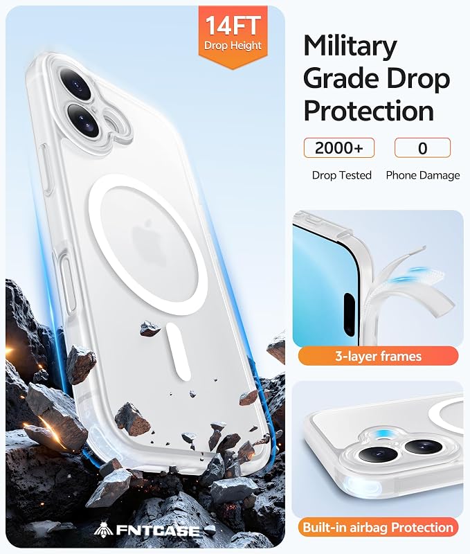 FNTCASE for iPhone 16 Case: [Compatible with Magsafe] Translucent Matte Cases with [Full Camera Protection] [Screen Protector] Military Grade Shockproof Protective Phone Cover - White