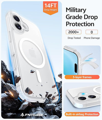 FNTCASE for iPhone 16 Case: [Compatible with Magsafe] Translucent Matte Cases with [Full Camera Protection] [Screen Protector] Military Grade Shockproof Protective Phone Cover - White