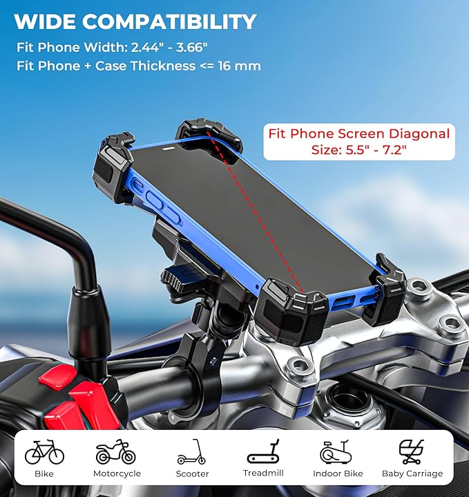 VAZESWIN Motorcycle Phone Mount with Vibration Dampener, 1s Lock Bike Phone Holder with Aluminum Alloy Handlebar Mounting Base, One-Handed Operation Motorcycle Cellphone Mount for 5.5"-7.2" Smartphone