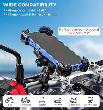 VAZESWIN Motorcycle Phone Mount with Vibration Dampener, 1s Lock Bike Phone Holder with Aluminum Alloy Handlebar Mounting Base, One-Handed Operation Motorcycle Cellphone Mount for 5.5"-7.2" Smartphone