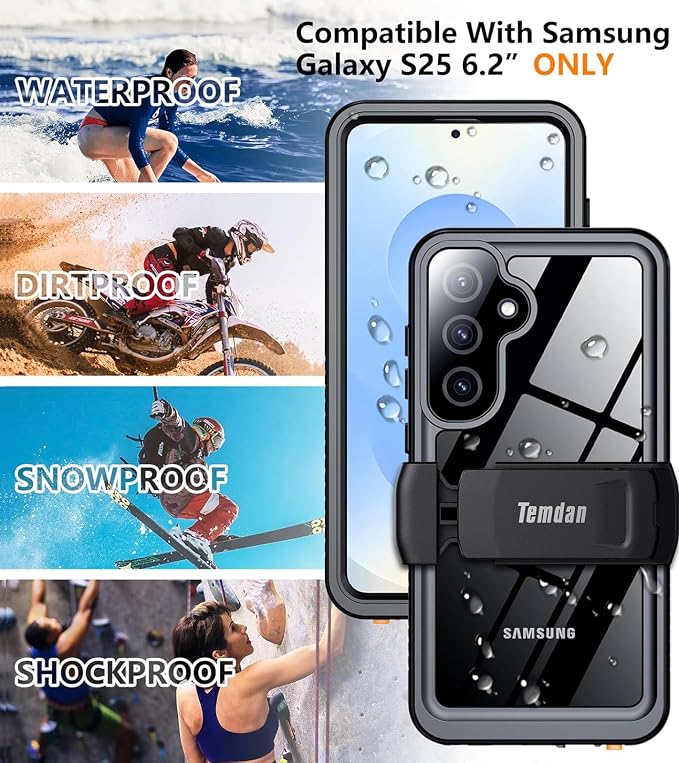 Temdan Compatible with Samsung Galaxy S25 Case Waterproof with Belt Clip Holster, Built-in Lens & Screen Protector Military Grade Shockproof Dropproof IP68 Underwater Full Body Phone Case