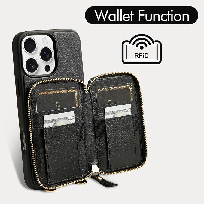 ZVE for iPhone 16 Pro Wallet Case with Card Holder, Zipper Crossbody Case with Wrist Strap for Women for iPhone 16 Pro 6.3" Black