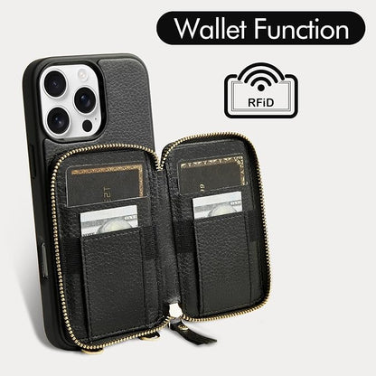 ZVE for iPhone 16 Pro Wallet Case with Card Holder, Zipper Crossbody Case with Wrist Strap for Women for iPhone 16 Pro 6.3" Black