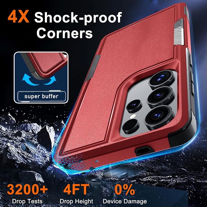 RMOCR Case for Samsung Galaxy S25 Ultra, Full Body Heavy Duty Rugged Shockproof Protective Phone Cover with Lanyard Strap, Tempered Glass Screen Protector and Camera Lens Cover, Red