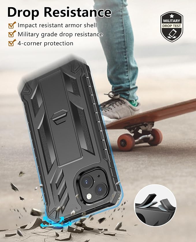 SOiOS for iPhone 13/14/15 Phone Case: for iPhone 16e Protective Cover with Built-in Kickstand | Heavy Duty Military Grade Hard Protection Shock Proof | Durable Dual-Layer Design Black