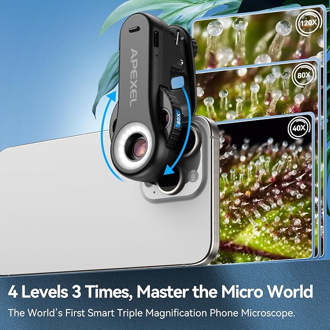Evil Eye 40X-80X-120X Phone Microscope, Digital Microscope with CPL Filter, 16 LED, 8 UV LED, Wheel Design, Portable Microscope with Universal Clip, Ideal for iPhone 17/16/15/14/13, Samsung & Android